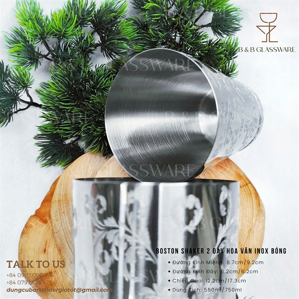 Bộ Boston Shaker 2 Đáy Hoa Văn Inox Bóng 3