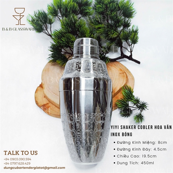 Yiyi Cobbler Shaker Hoa Văn Inox Bóng
