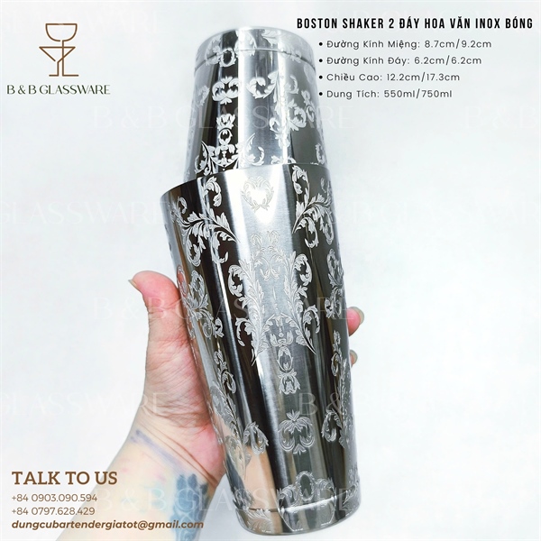 Bộ Boston Shaker 2 Đáy Hoa Văn Inox Bóng 4